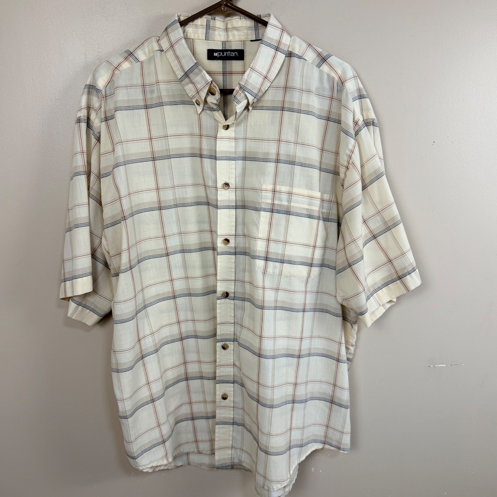 Puritan Button Down Shirt Mens XL Cream Plaid Short Sleeve Casual Pocket Woven